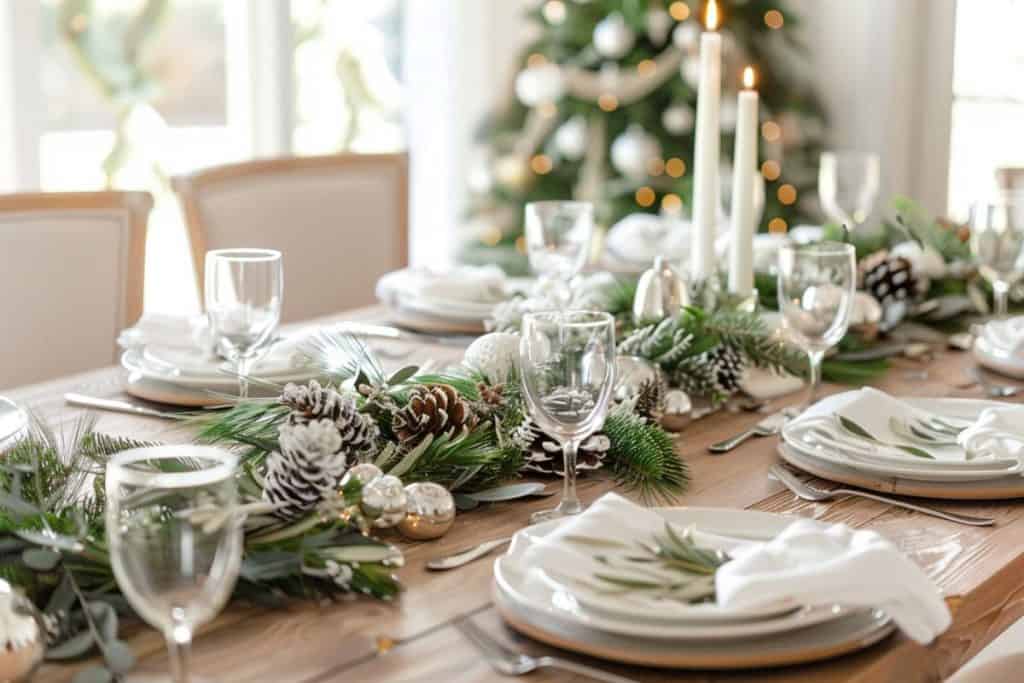 Elegant Christmas dining table setting featuring a rustic wooden table adorned with a white and green garland, frosted pine cones, silver baubles, and lit white candles, with a backdrop of a decorated Christmas tree and soft indoor lighting