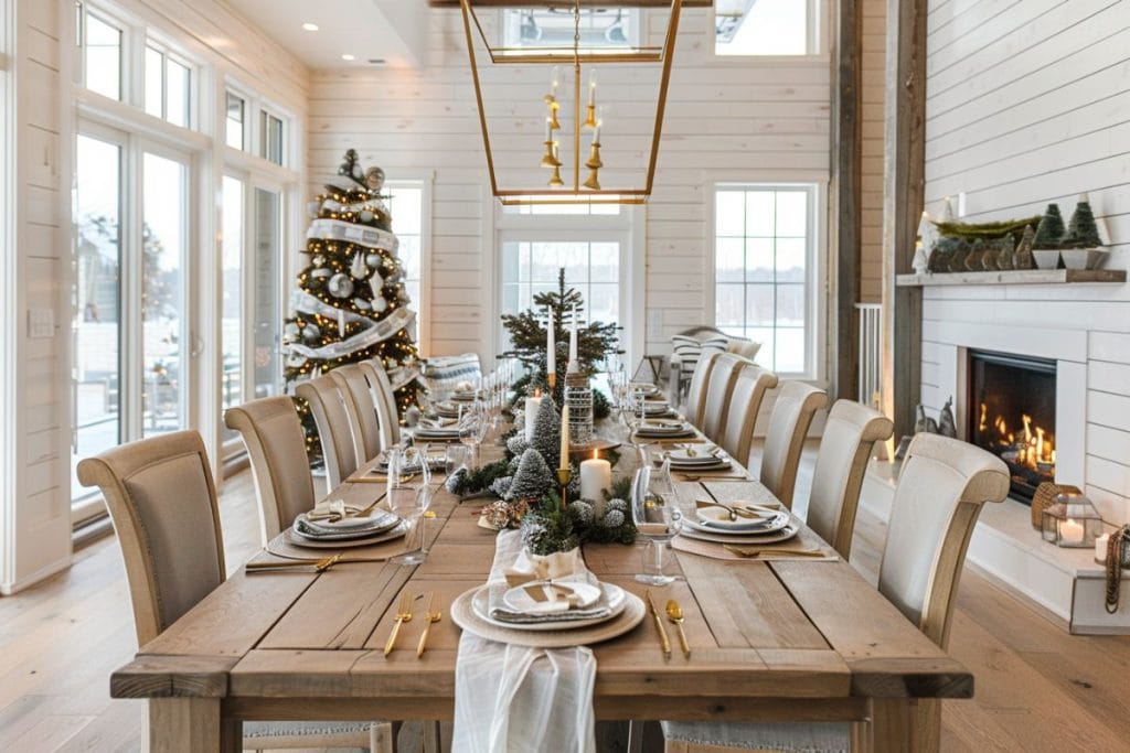 Spacious holiday dining setting in a brightly lit room with a large wooden table decorated with a minimalist white and green garland, silver ornaments, and lit candles, framed by elegant beige chairs and a grand Christmas tree