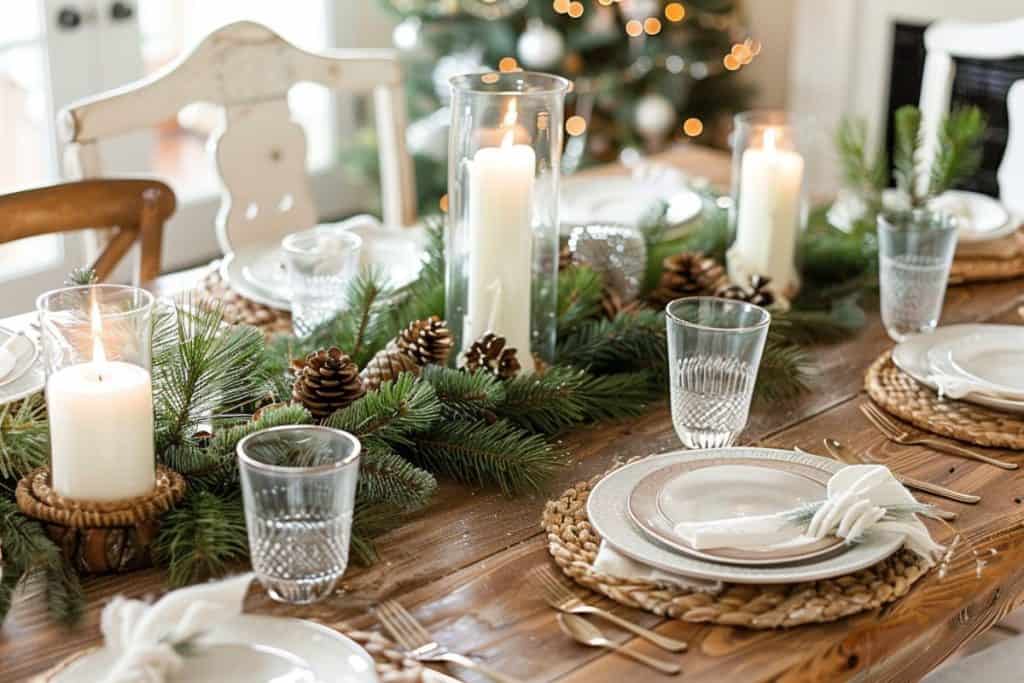 Festive table setup with a natural centerpiece of pine branches and cones, surrounded by clear glasses, white ceramic plates on woven placemats, and lit candles in tall glass holders, giving a cozy and inviting holiday atmosphere