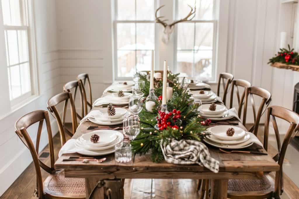 Holiday table display with a long wooden table set for Christmas, featuring a red and green floral centerpiece, white plates, and gold utensils, complemented by natural wooden chairs against a snowy window background