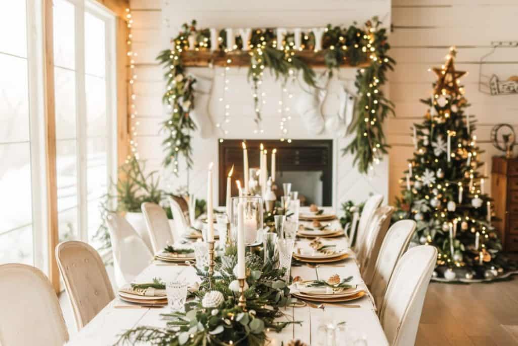 Christmas feast table setup in a bright room with a white festive garland running down the center, interspersed with gold and green decorations, white dinnerware, and tall candles, highlighted by a warmly lit Christmas tree in the corner