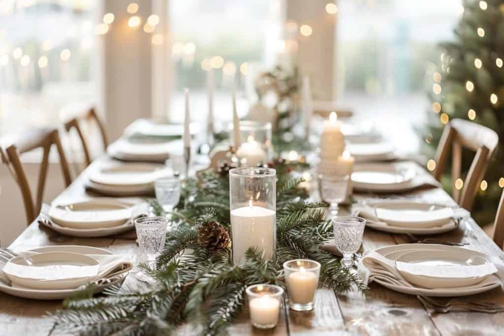 A soft-lit, cozy Christmas table setting with a wooden table covered by a white garland with greenery and white ornaments, surrounded by elegant white chairs, with the focus on warmth and a welcoming festive spirit