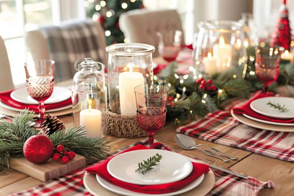 Festive dinner table arranged with a natural pine garland centerpiece dotted with white candles, glassware, and white ceramic plates, set against a rustic wooden table and soft glowing lights in the background.