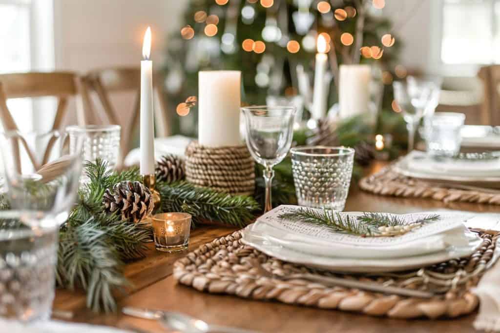 Holiday dining setup featuring a rustic table adorned with a vibrant red and white themed centerpiece, including berries and pine cones, matched with red napkins and white plates for a festive look