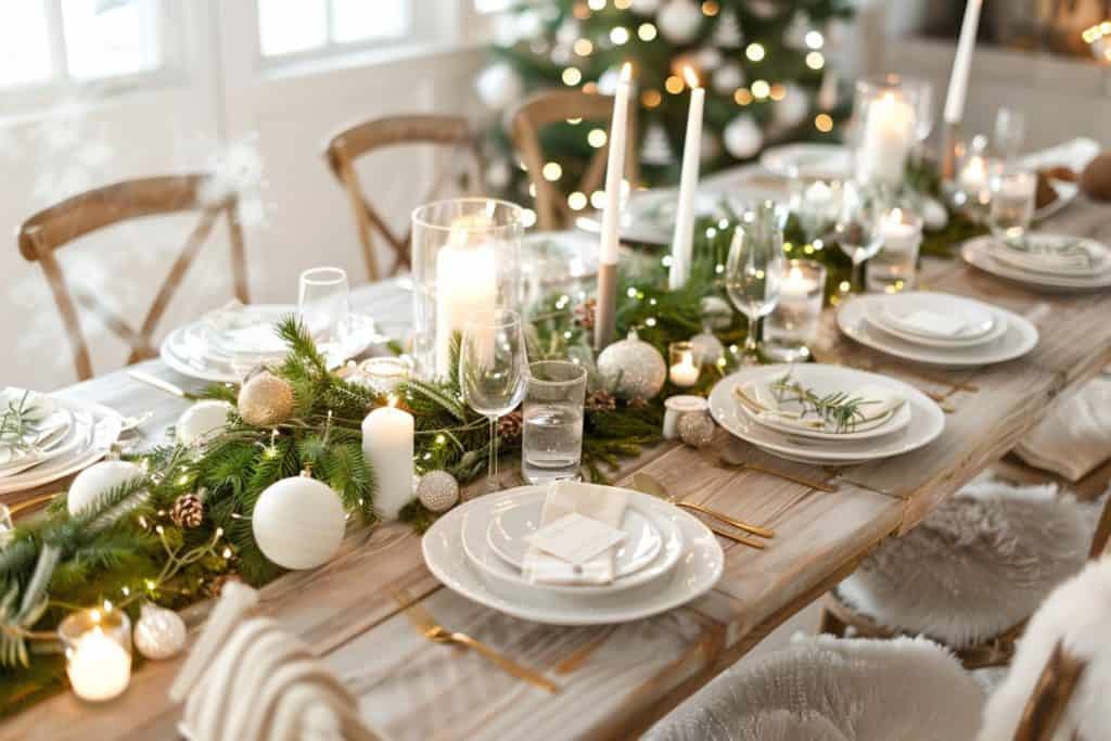 Elegant holiday table with a centerpiece of fresh greenery, pine cones, and lit candles, accompanied by gold cutlery and white plates on natural woven mats, offering a warm, festive dining experience
