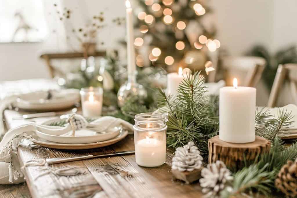 Luxurious Christmas dining arrangement with a wooden table set with silver and white decor, including a lush green garland, white candles, and sparkling tree lights, creating an enchanting festive ambiance.