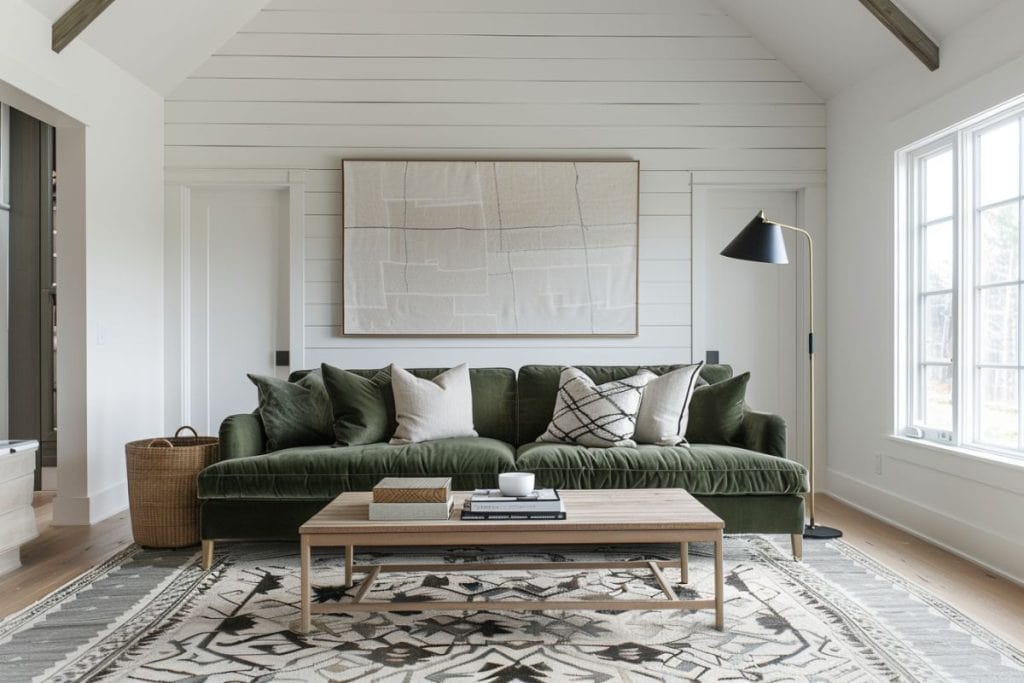 A cozy living room featuring a plush green velvet sofa adorned with various patterned and textured pillows. The room has white paneled walls, a large abstract artwork, and a light wooden coffee table, creating a stylish and inviting space.