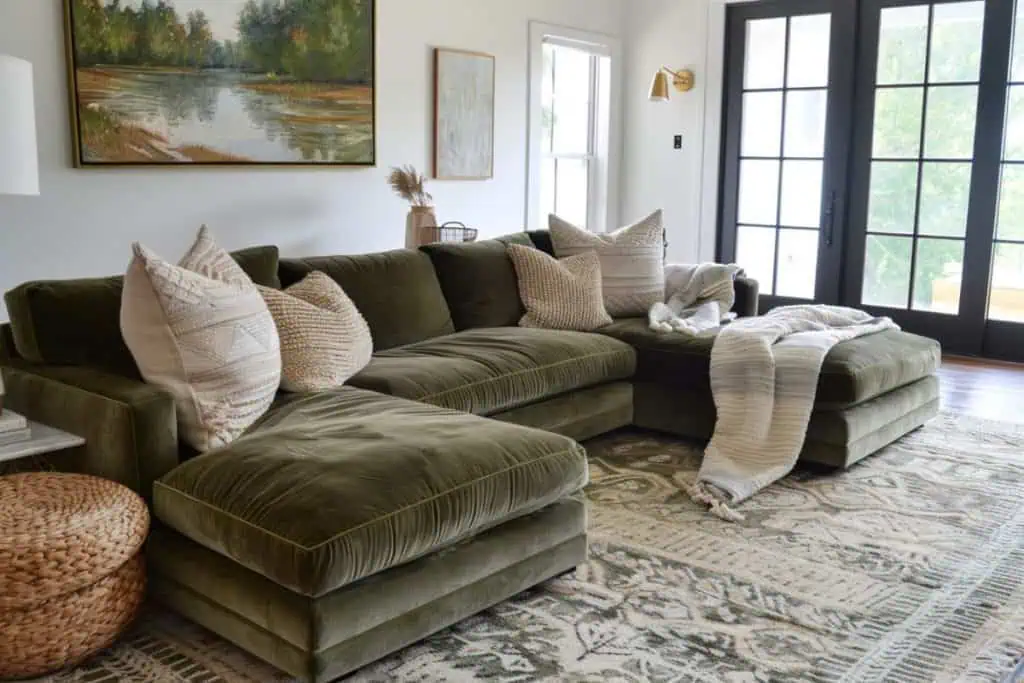 A welcoming living room with a luxurious green velvet sectional adorned with cream and textured pillows. The space features a large landscape painting above the couch, a woven pouf, and a patterned rug, creating a cozy, artistic atmosphere.