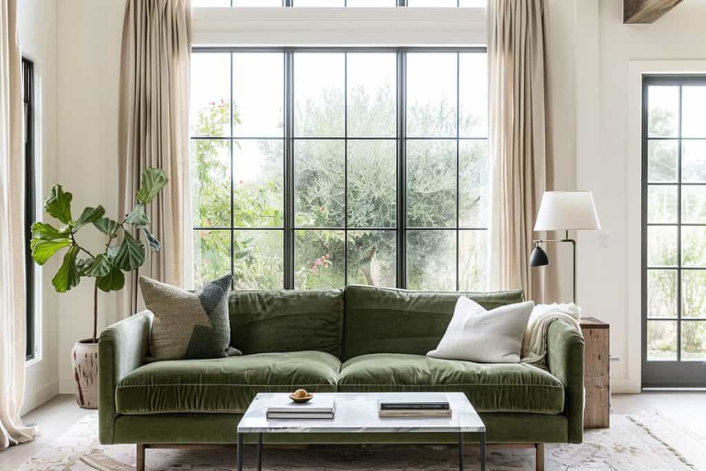 Bright living room with a sleek green velvet sofa against a backdrop of large windows dressed in long beige curtains, showcasing a serene garden view. The room is elegantly simple with a modern coffee table and a large potted fiddle leaf fig tree.