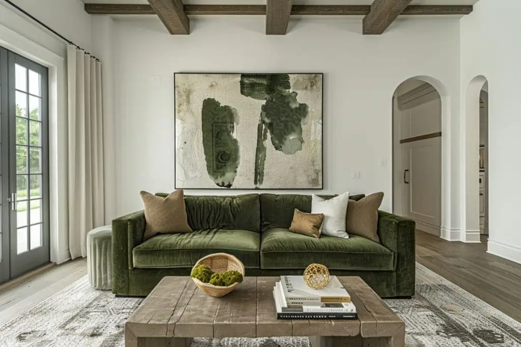 Contemporary living room featuring a lush green velvet sofa centered between rustic architectural elements and minimalist decor. A large abstract artwork hangs above, complementing the rich green tones of the sofa and the muted earthy colors of the room.