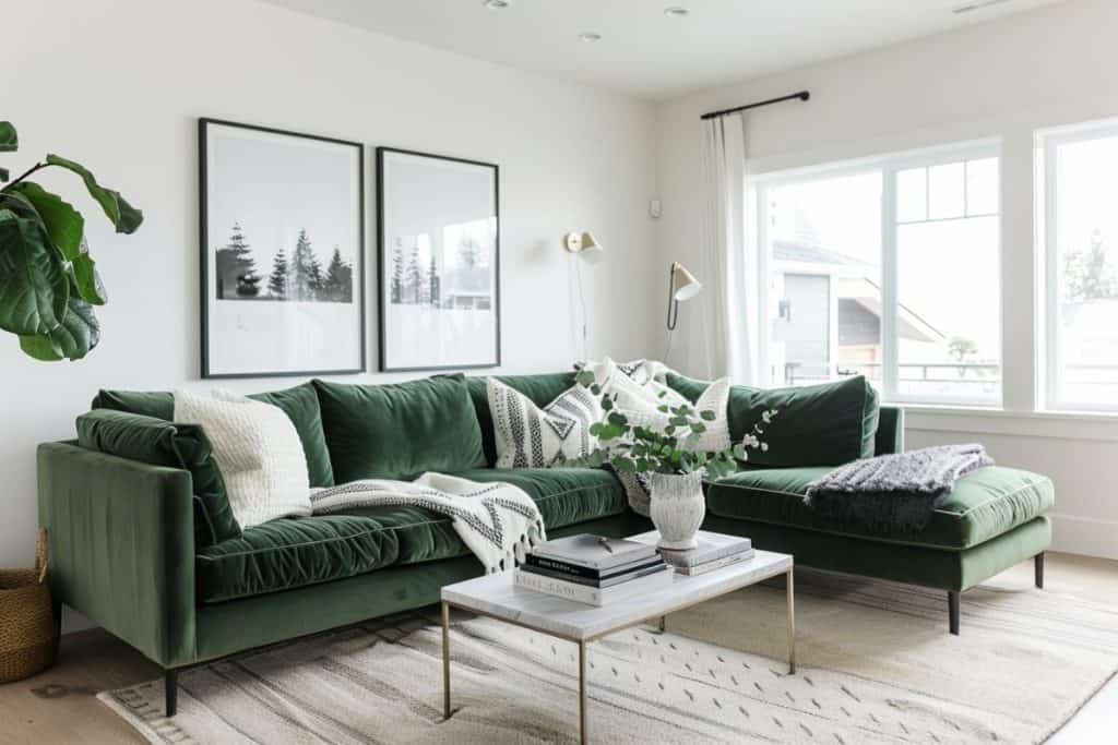 Modern minimalist living room with a green velvet sofa, accented with neutral pillows. The room has a clean aesthetic with two framed abstract artworks and a simple yet stylish coffee table, highlighting the open and airy space.