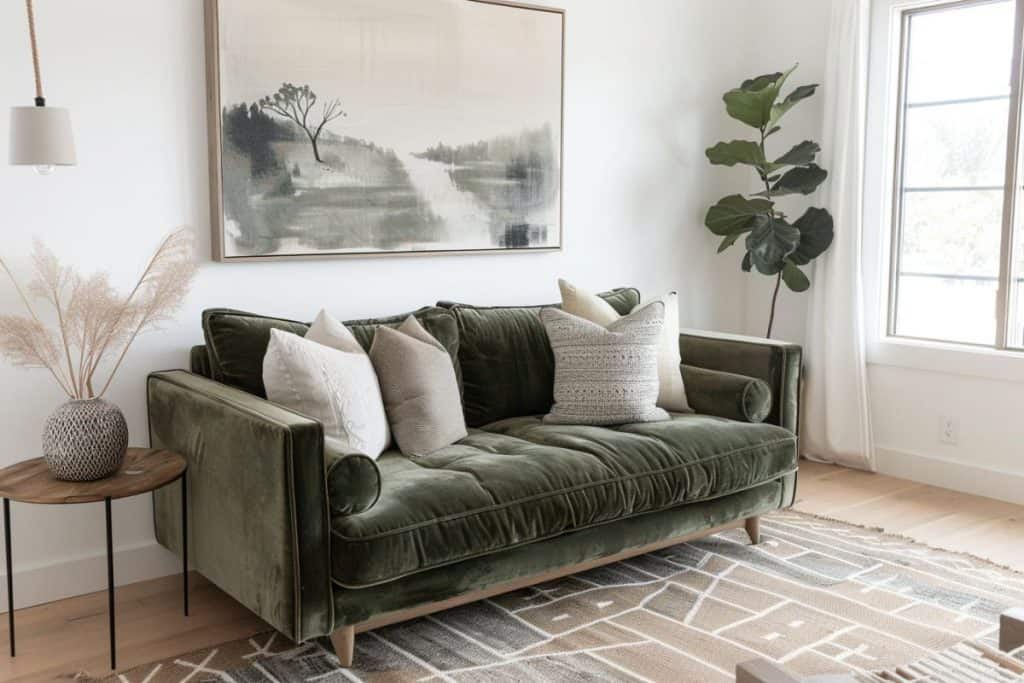 Charming living room with a deep green velvet sofa, adorned with various pillows and a textured throw. The room features large black framed windows, a side table with a lamp, and a stylish area rug, creating a cozy and inviting space.
