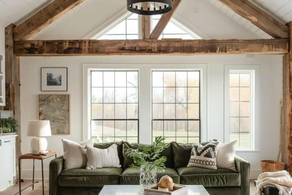 Cozy living room featuring a green velvet sofa under a large landscape artwork, with earth-toned pillows and a rustic coffee table. The room is warmly lit, enhancing the welcoming feel with its relaxed and refined decor.