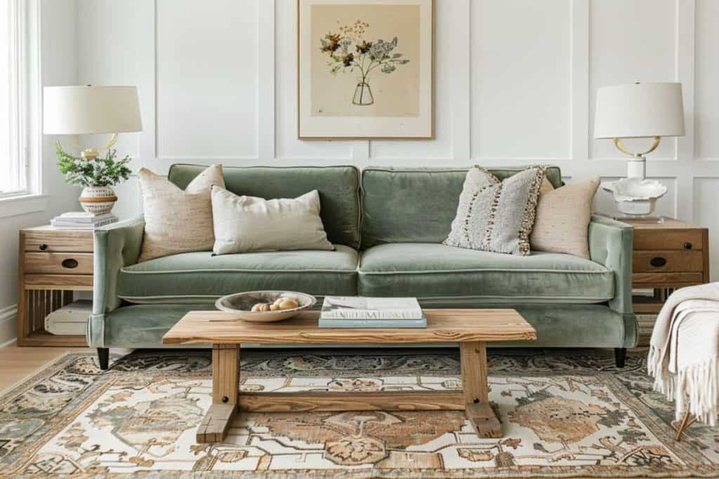 Elegant living room with a green velvet couch, surrounded by two wooden side tables with white lamps, and a vintage botanical artwork above. The room is accented with a patterned rug and neutral-colored pillows, offering a serene and classic look.