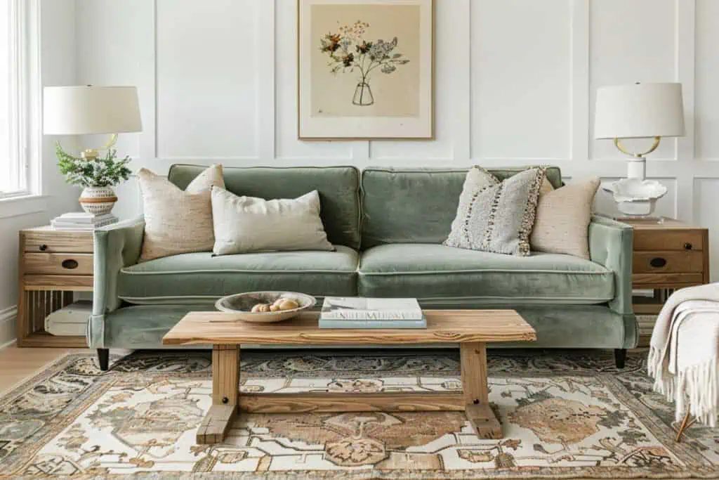 Elegant living room with a green velvet couch, surrounded by two wooden side tables with white lamps, and a vintage botanical artwork above. The room is accented with a patterned rug and neutral-colored pillows, offering a serene and classic look.
