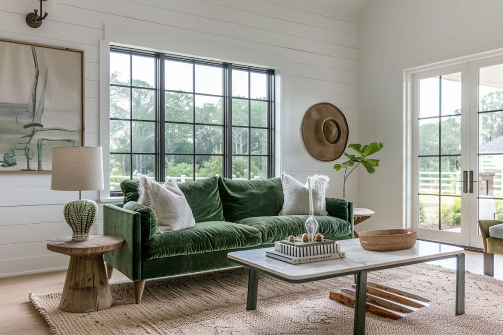 Bright and modern living room with a lush green velvet sofa, adorned with a mix of stylish pillows. The room is complemented by a light wooden coffee table, soft beige walls, and a large window providing views of the surrounding greenery.