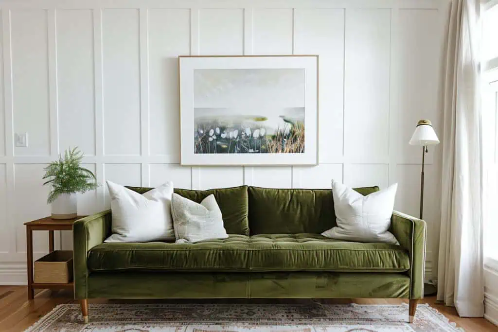 Modern living room showcasing a deep green velvet sofa against a white paneled wall with a large framed print of abstract natural scenery. The room is minimalistic yet warm, featuring simple décor items like a small side table and potted plant
