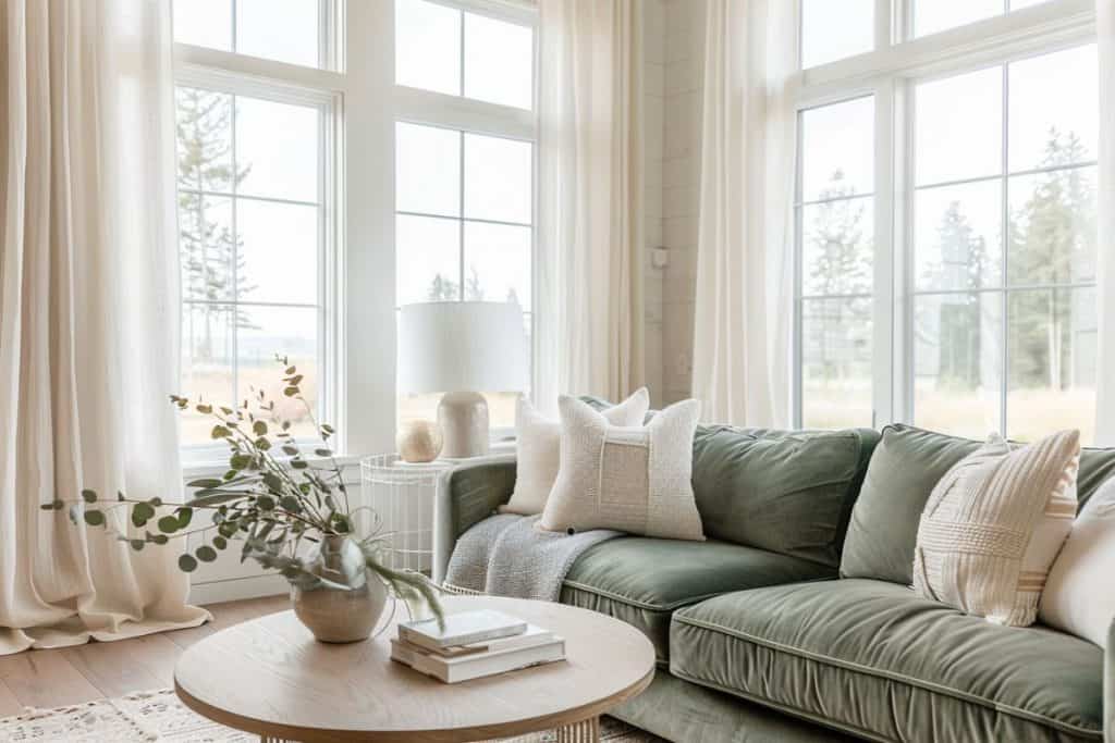Bright and airy living room with a large window dressed in sheer curtains, featuring a green velvet sofa with white and textured pillows. A round wooden coffee table holds a vase with greenery, enhancing the room's natural, relaxed vibe.