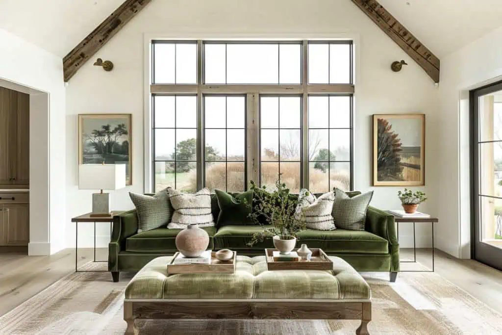 Spacious living room with high ceilings and large windows, centered around a green velvet sofa filled with various decorative pillows. The room features a rustic wooden coffee table and a large floral arrangement, creating a farmhouse chic atmosphere.