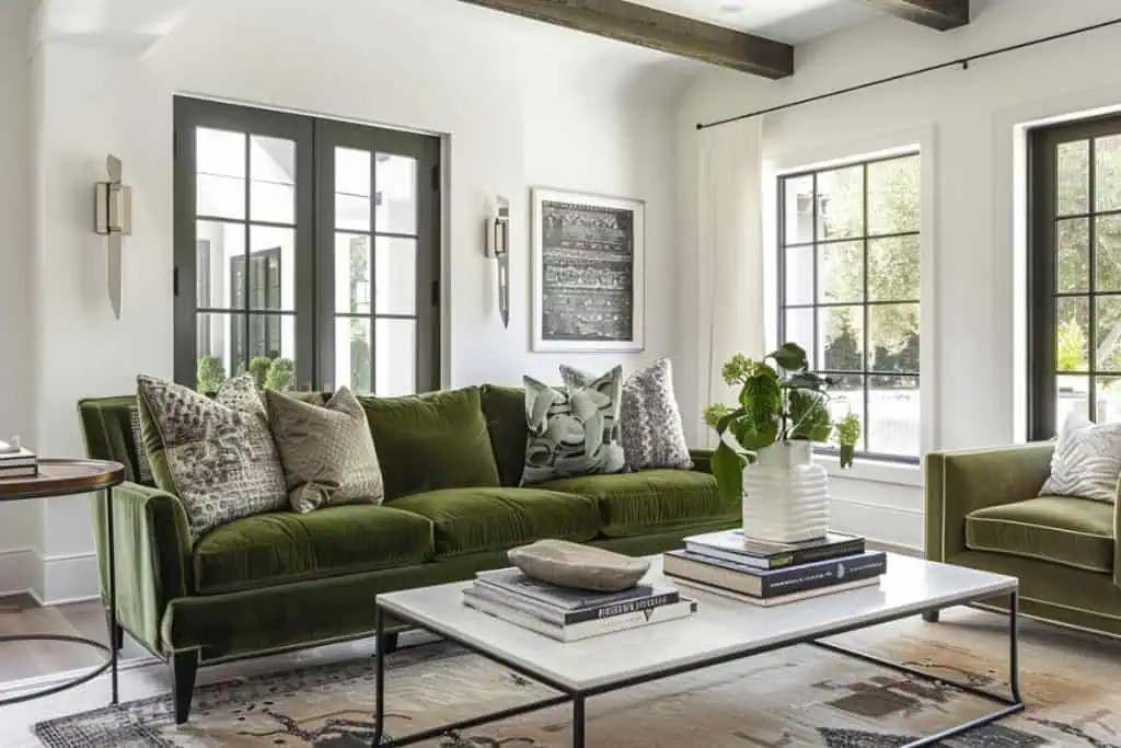 A sophisticated living room with a green velvet sofa, stylish geometric pillows, and modern black framed windows. The space includes a sleek white coffee table and vibrant greenery, blending contemporary design with natural elements.