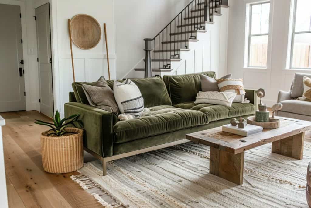 Rustic-style living room featuring a green velvet couch, a wooden coffee table, and simple white walls adorned with a black staircase and minimal decor. This space combines comfort with a touch of modernity, perfect for a relaxed setting.