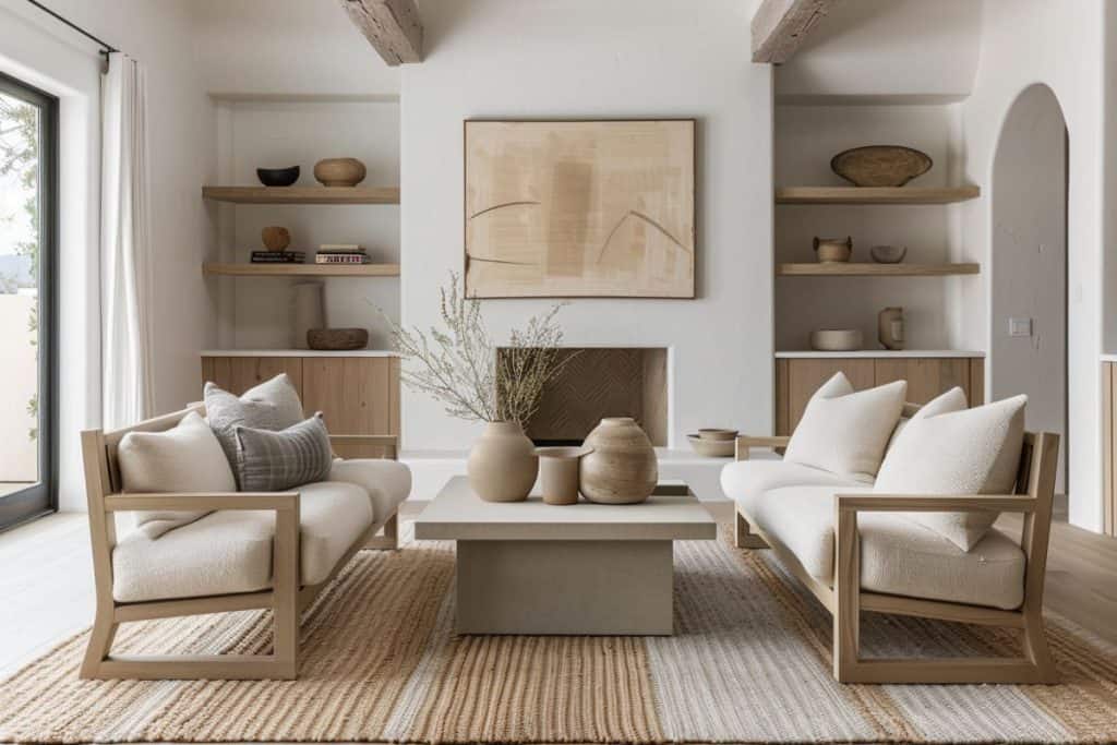 Stylish minimalist living room boasting a beige sectional, unique ceramic decor on wooden shelving, and a central coffee table