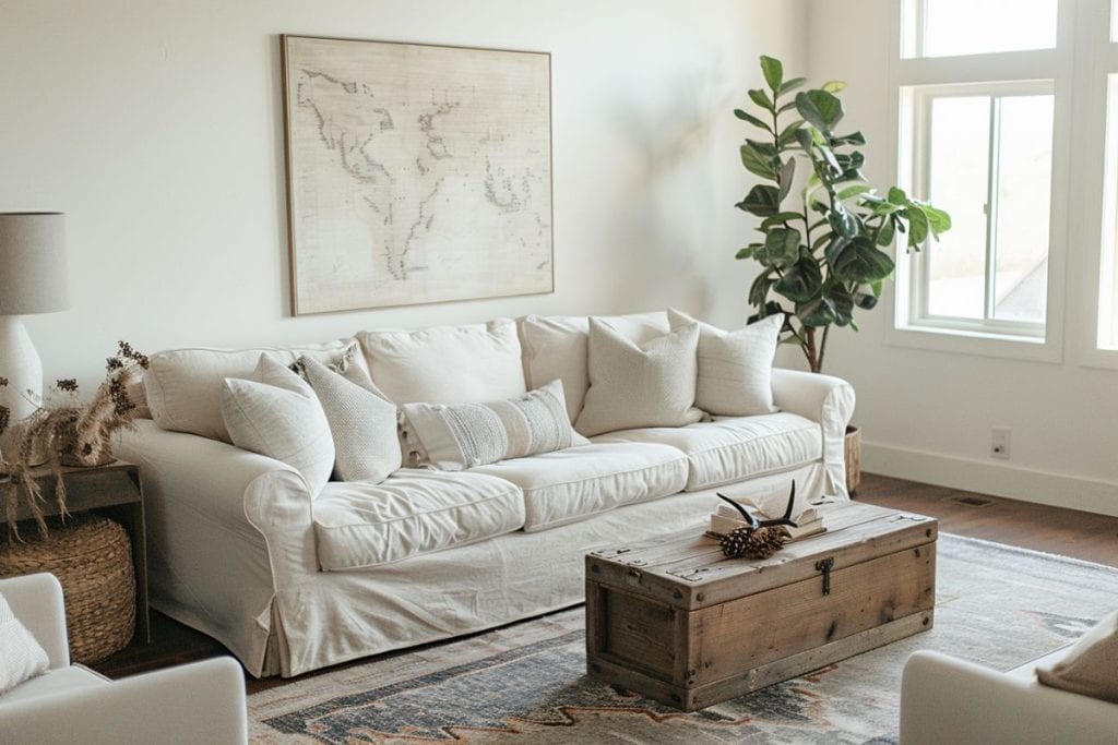 Elegant minimalistic living room with a white sectional, rustic wood coffee table, and a large wall map decor