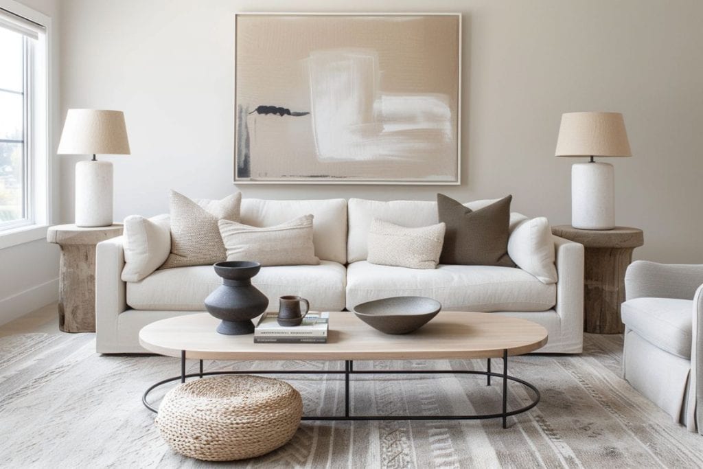 Chic minimalist living room decorated with a neutral-colored sectional sofa, round wooden coffee table, and modern ceramic decorations