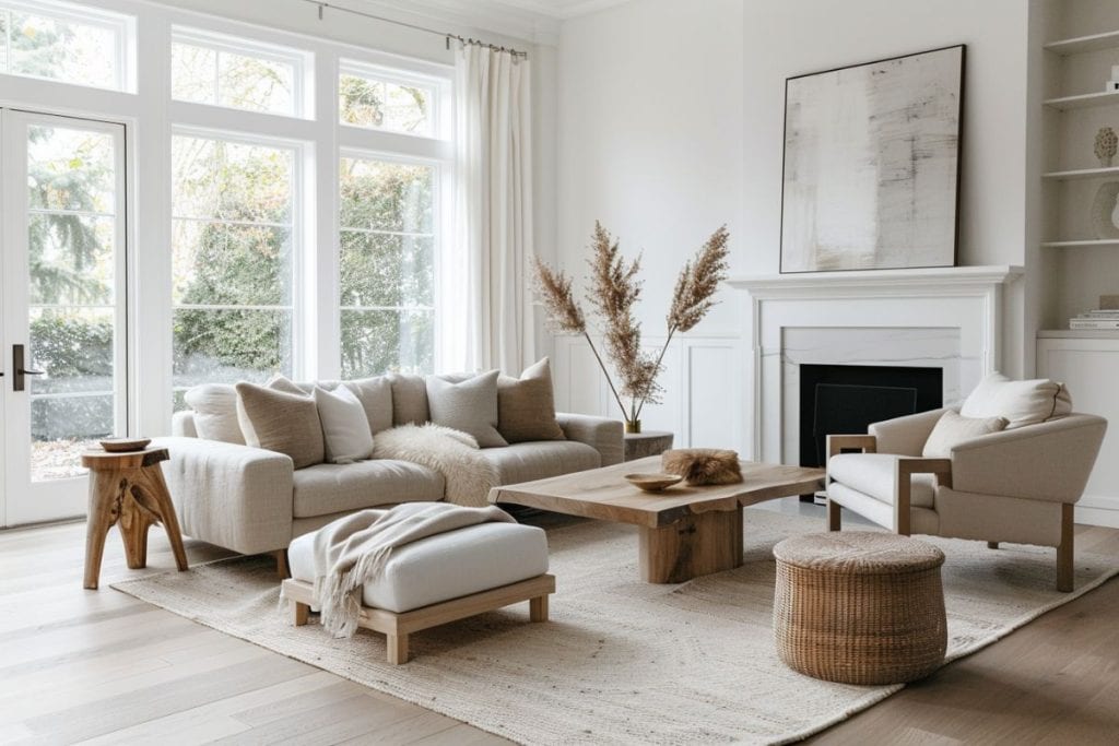 Spacious and airy minimalist living room with large windows, white sectional sofa, and a rustic wooden coffee table on a beige rug