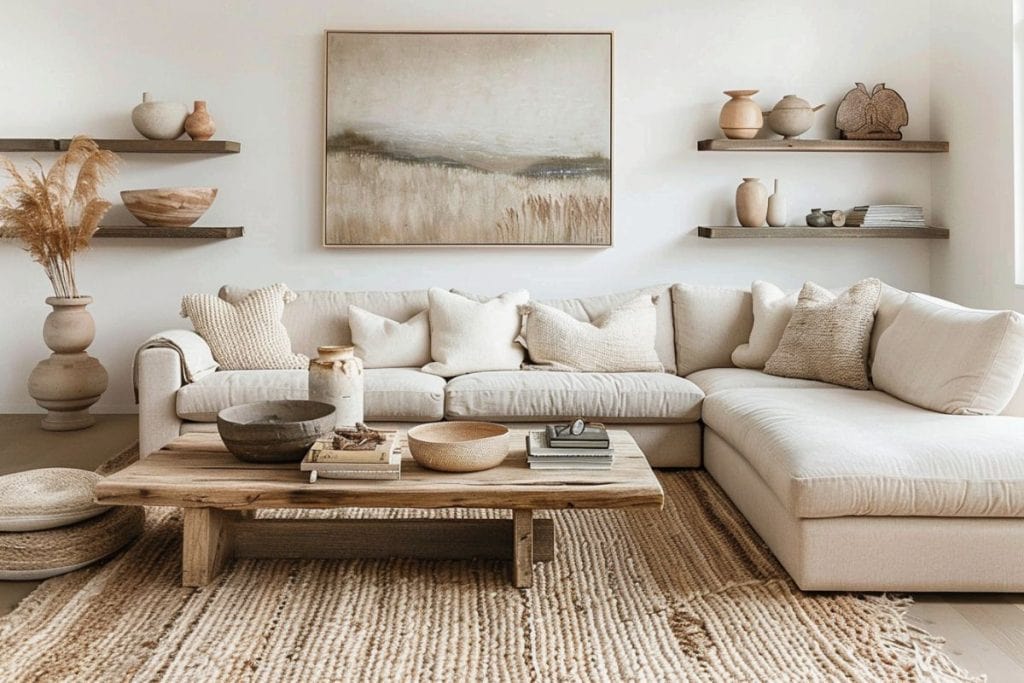 Sleek minimalistic living room featuring a large beige sectional, rustic wooden and wicker accents, and a neutral toned painting