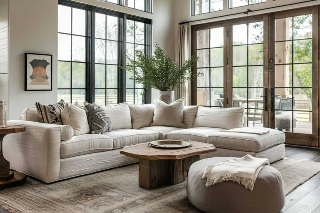 Luxurious minimalist living room with a large sectional sofa, dark wooden frames on expansive windows, and neutral decor accents