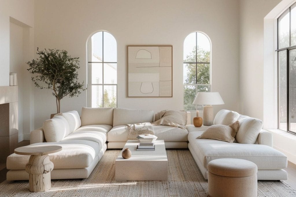Contemporary minimalistic living room with a beige sectional sofa, elegant art piece, and natural light.