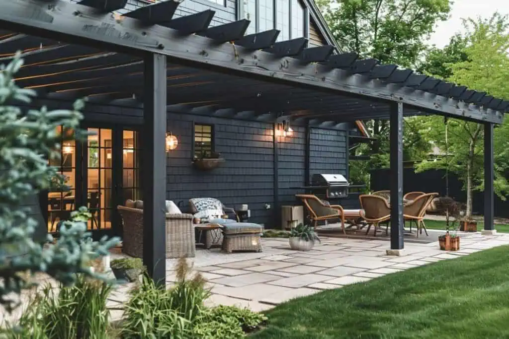 A modern patio with a dark pergola, wicker furniture, and a barbecue grill, surrounded by greenery.