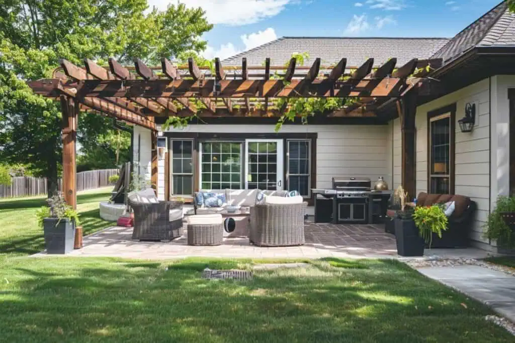 A cozy backyard patio with a wooden pergola, wicker furniture, and a barbecue grill, surrounded by lush greenery.