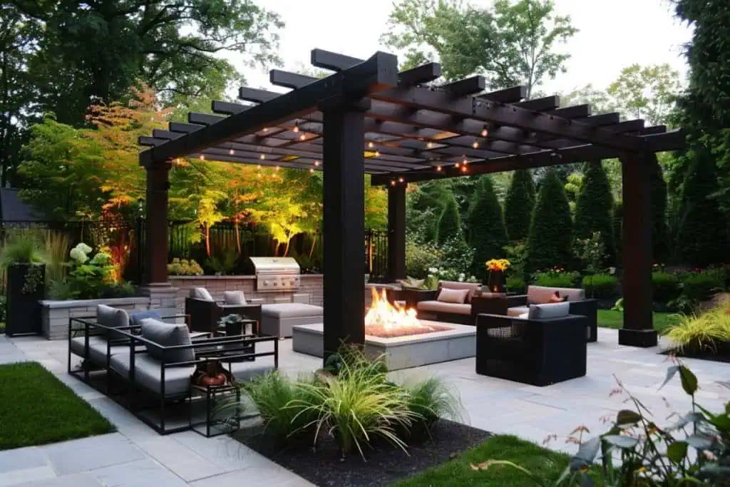 A modern patio with a dark pergola, stylish outdoor furniture, a fire pit, and well-lit garden landscaping.