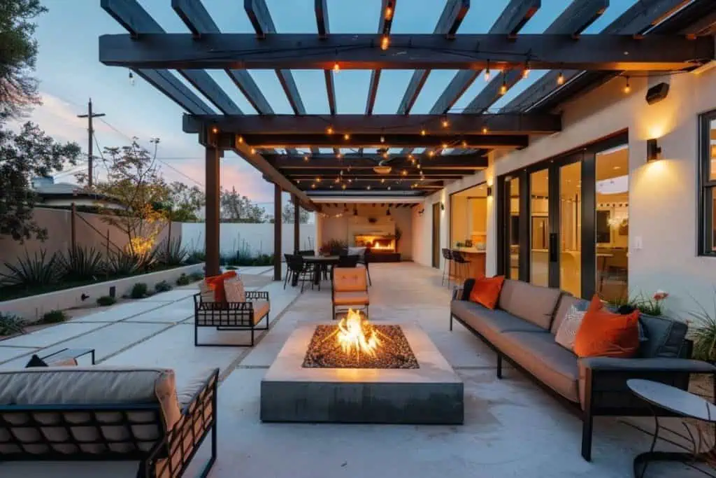 An expansive patio with a pergola, comfortable seating, a fire pit, and string lights, creating a warm and inviting atmosphere.