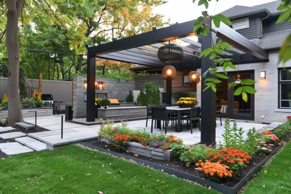 A vibrant outdoor living space with a black pergola, dining area, and colorful flower beds, perfect for entertaining.