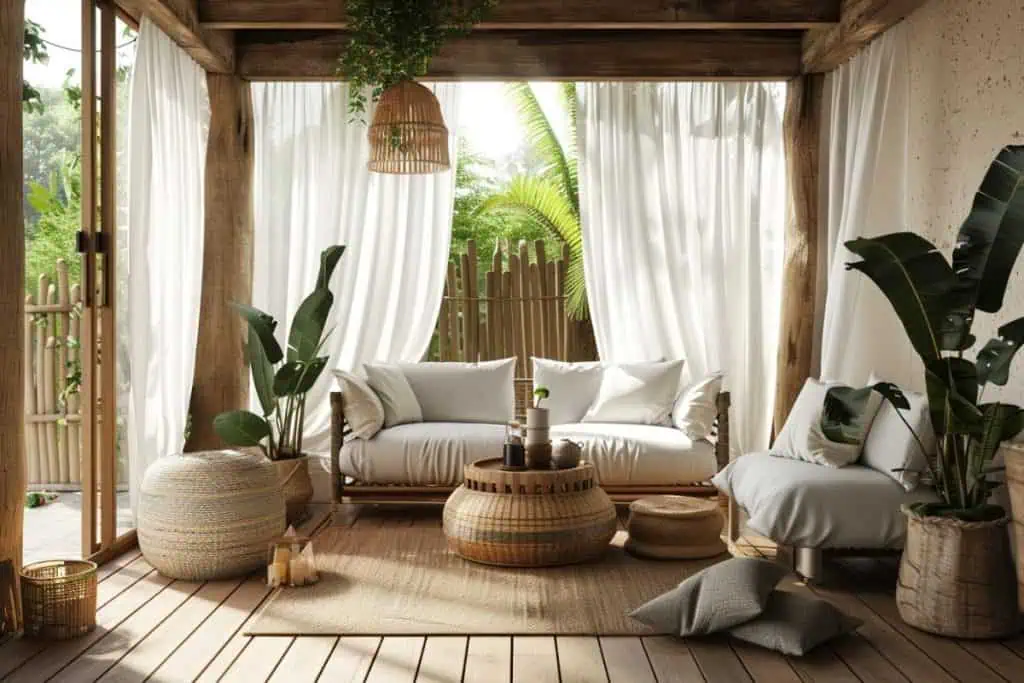 A tropical-inspired patio with a wooden pergola, white curtains, wicker furniture, and lush greenery, providing a serene retreat.