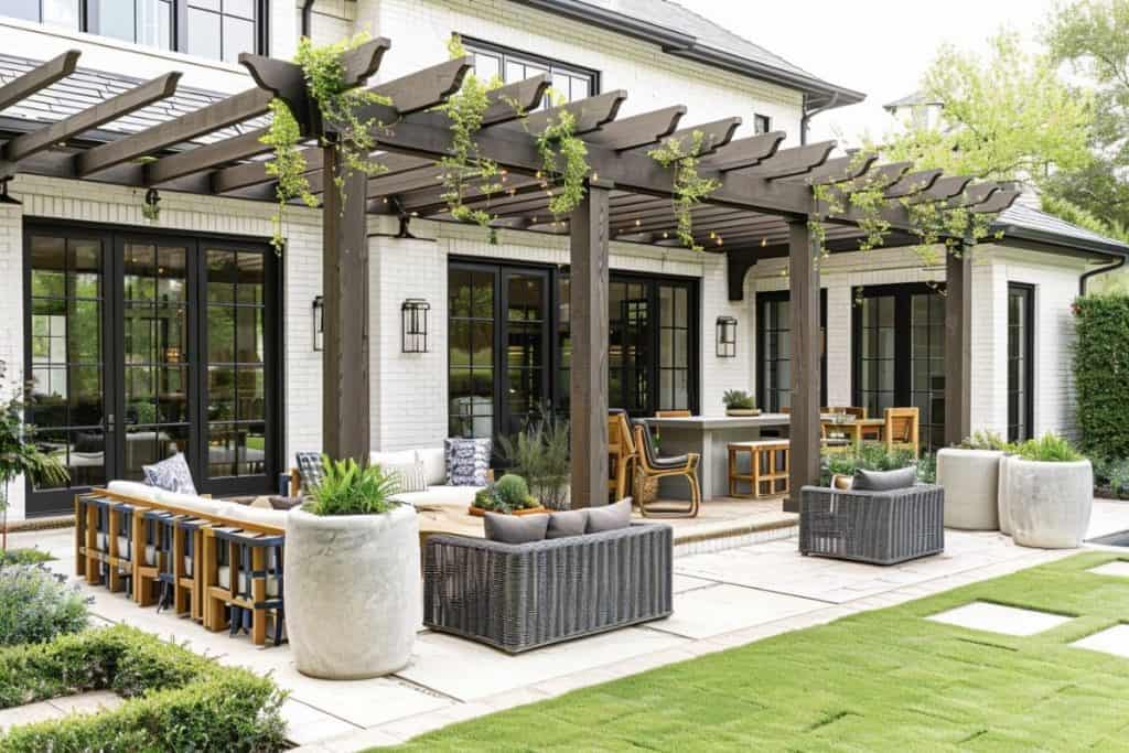 A stylish patio with a dark wooden pergola, outdoor seating, and large potted plants, surrounded by a well-manicured lawn.