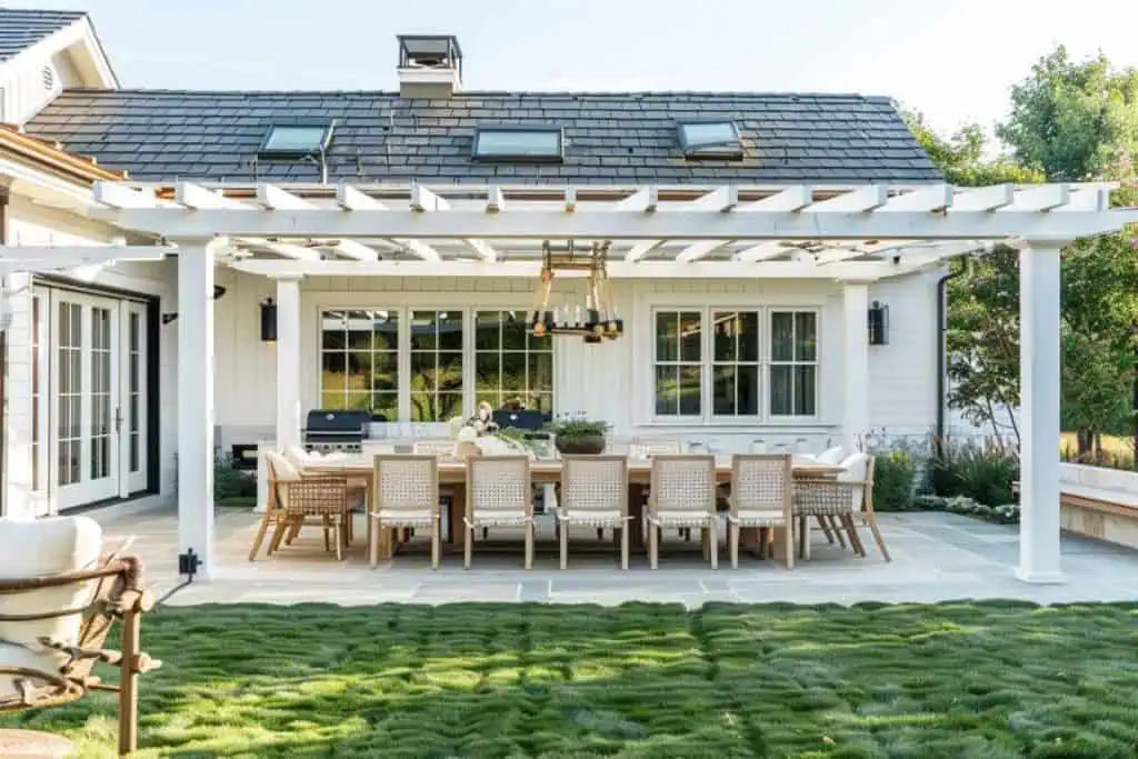 A spacious patio with a white pergola, a large dining table, and cushioned chairs, perfect for outdoor gatherings.