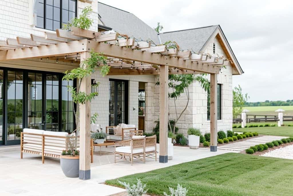 A stylish patio featuring a wooden pergola, outdoor seating, and well-maintained lawn and landscaping.
