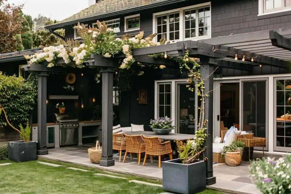 A cozy outdoor dining area with a dark pergola adorned with string lights, wicker chairs, and a built-in barbecue grill.