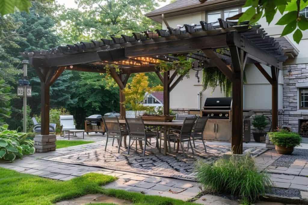 A shaded patio with a pergola, outdoor dining set, and a barbecue grill, surrounded by greenery and a manicured lawn.