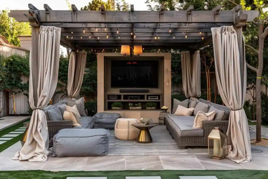 A luxurious patio with a pergola, cushioned seating, an outdoor fireplace, and string lights, creating a warm ambiance.