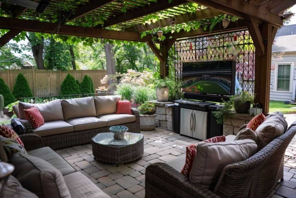 A comfortable patio under a wooden pergola, featuring plush sofas, a coffee table, and a garden view.