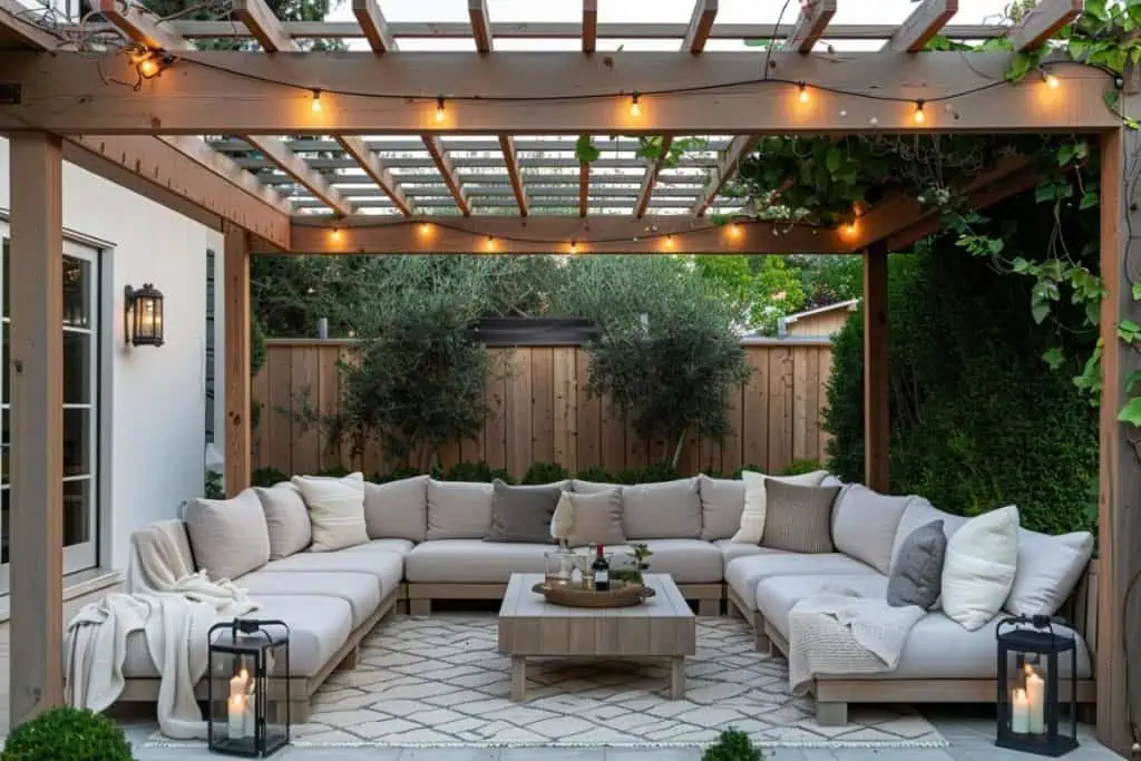 A stylish outdoor living space with a pergola, cushioned seating, a large TV, and vibrant greenery in the background.