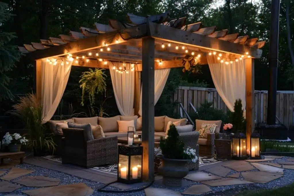 A spacious patio with a pergola, outdoor sectional sofa, and string lights, providing a perfect spot for relaxation.