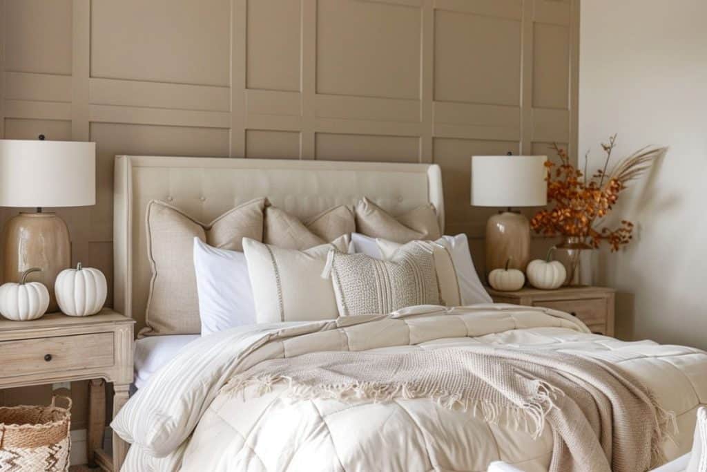 Fall bedroom with a neutral color scheme featuring a tufted headboard, beige and white bedding, and autumnal accents like white pumpkins and dried orange foliage.