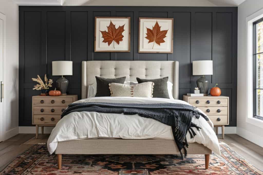 Modern fall bedroom featuring a beige tufted headboard, black accent wall with framed leaf prints, white bedding, and autumn accents like pumpkins and dried foliage.