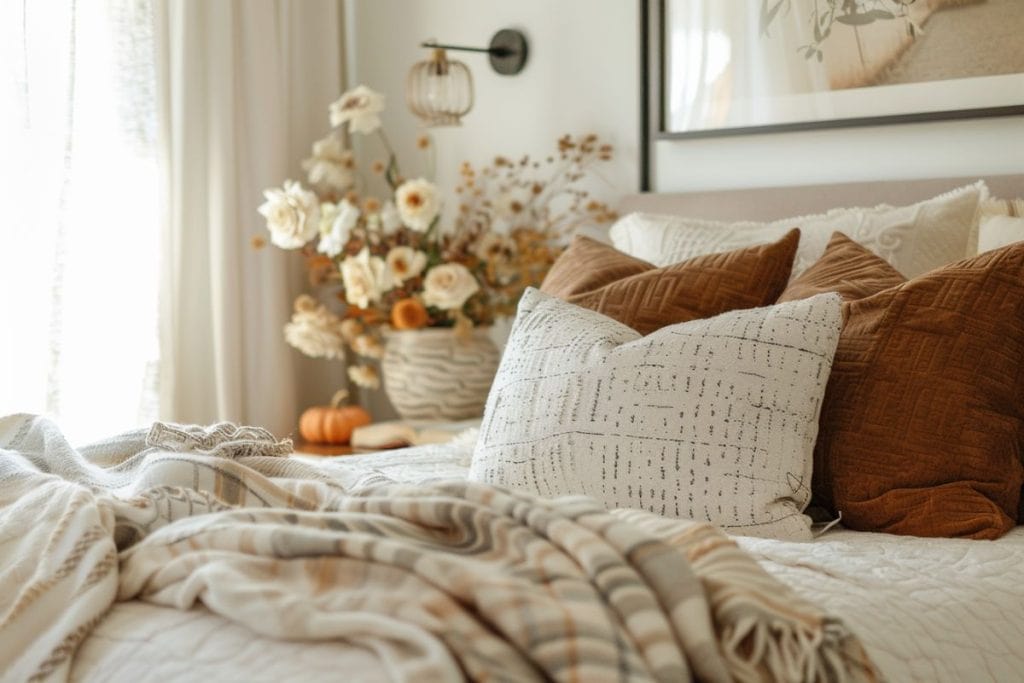 Cozy fall bedroom with white and brown pillows, a textured blanket, and autumn decor including a vase of flowers and a small pumpkin.